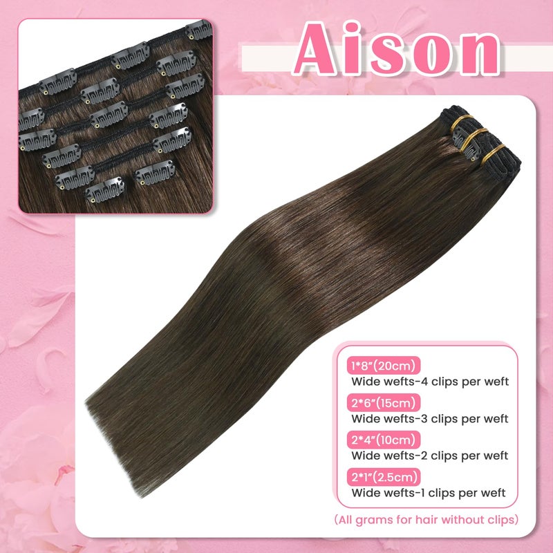 Aison Clip in Hair Extensions 120 Grams/4.2 Ounce 100% Brazilian Remy Human Hair Extensions 9A Thickened Soft Silky Straight for Fashion Women 7pcs 17clips Full Head(18Inch Medium Brown #4) - Image 3